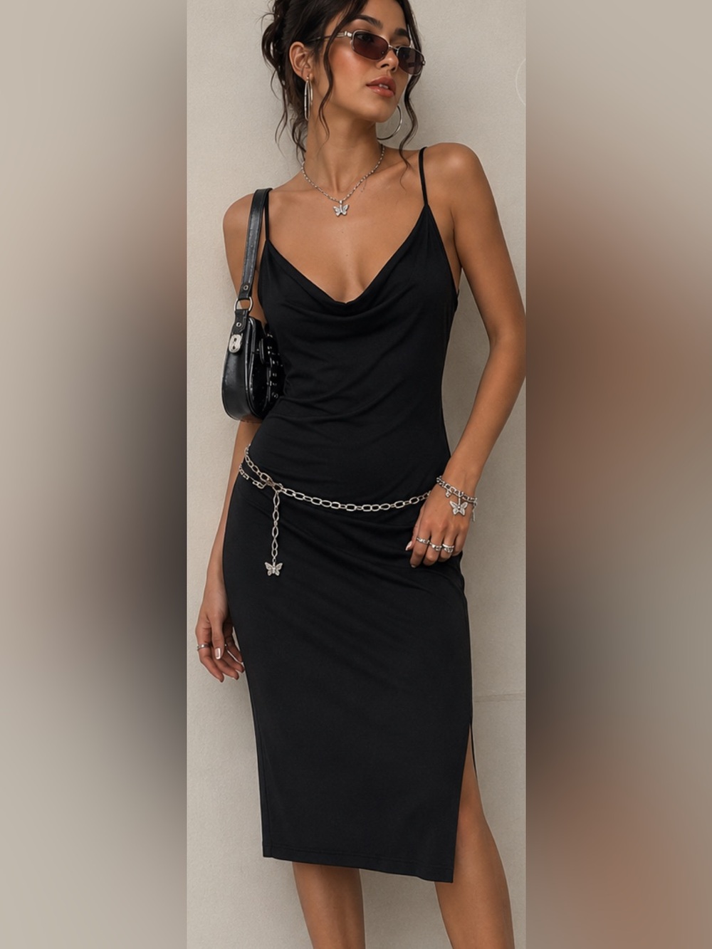 Y2K Women’s Cowlneck Spaghetti Strap Body Con Midi Dress Black Size M Fitted